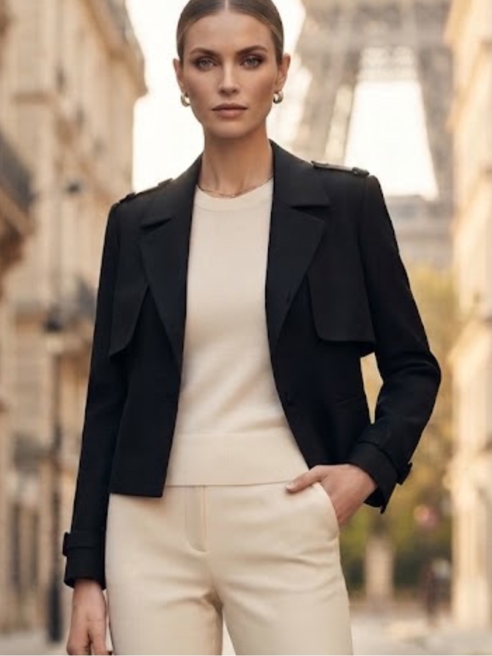 Chico’s Black Cropped Trench Jacket Blazer Open Front Epaulets